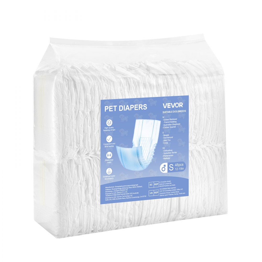 VEVOR Disposable Male Dog Diapers, Super Absorbent Male Dog Wraps, 360 ° Leak-Proof Belly Bands with Wetness Indicator for Doggies in Heat, Training, Incontinence - S, 96 Count (2 Packs of 48)