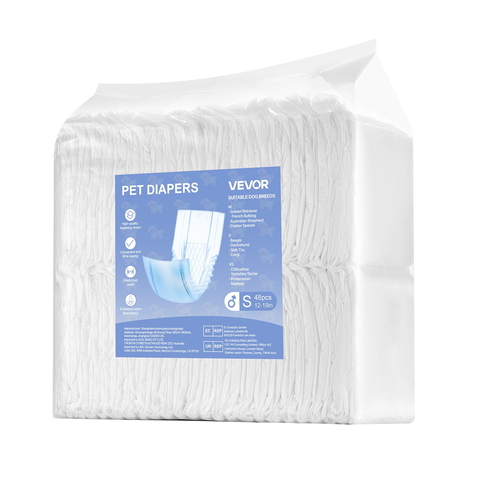 VEVOR Disposable Male Dog Diapers, Super Absorbent Male Dog Wraps, 360 ° Leak-Proof Belly Bands with Wetness Indicator for Doggies in Heat, Training, Incontinence - S, 96 Count (2 Packs of 48)