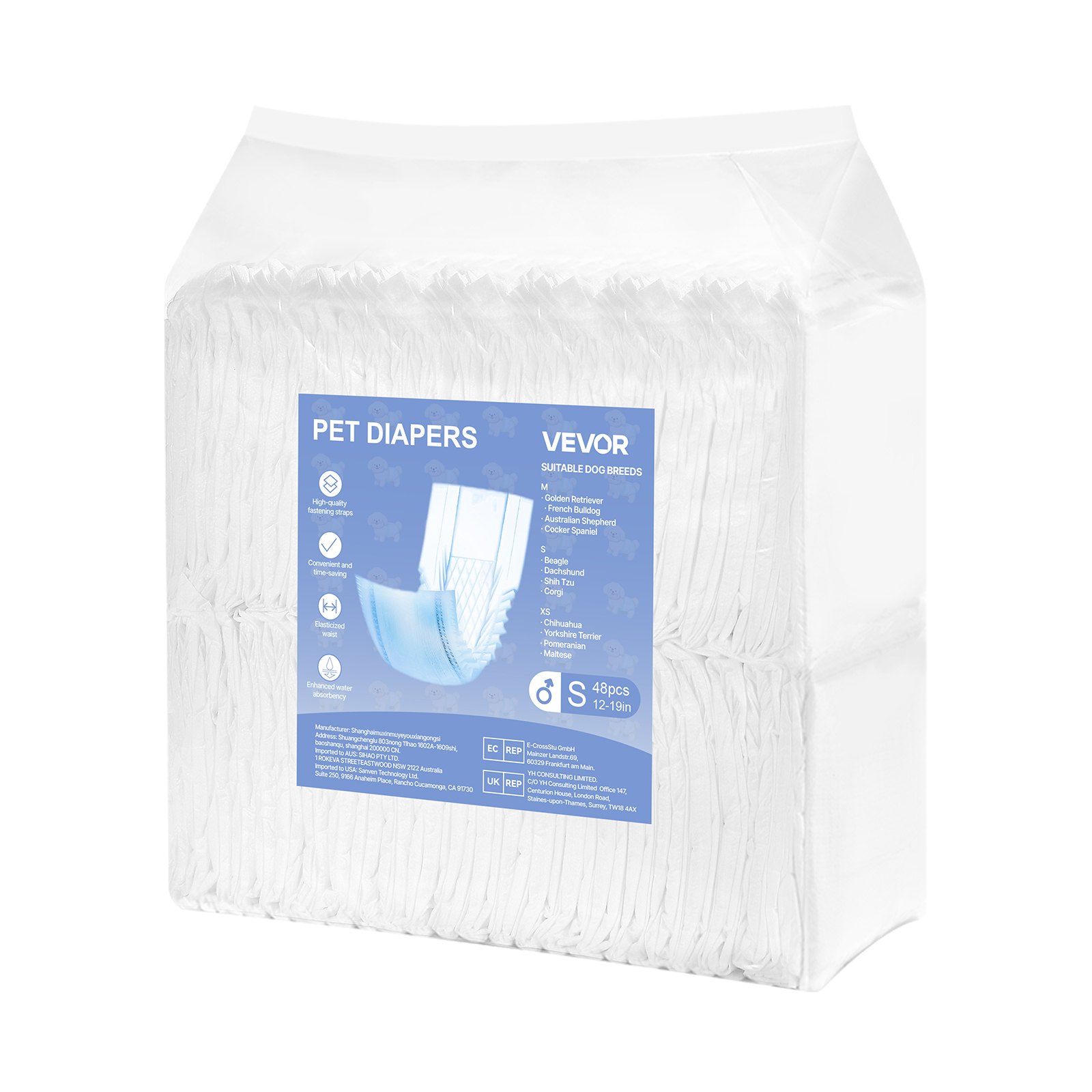 VEVOR Disposable Male Dog Diapers, Super Absorbent Male Dog Wraps, 360 ° Leak-Proof Belly Bands with Wetness Indicator for Doggies in Heat, Training, Incontinence - S, 96 Count (2 Packs of 48)