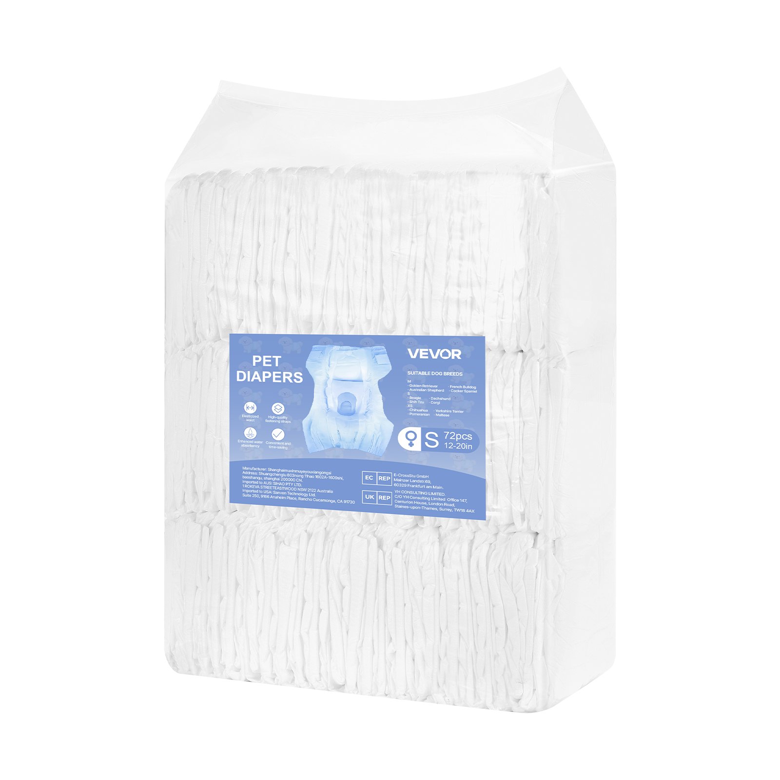 VEVOR Disposable Dog Diapers, Super Absorbent Female Dog Diapers, 360° Leak-Proof Female Doggy Pet Diaper with Wetness Indicator for Heat Period, Training, Incontinence - S, 144 Count (2 Packs of 72)