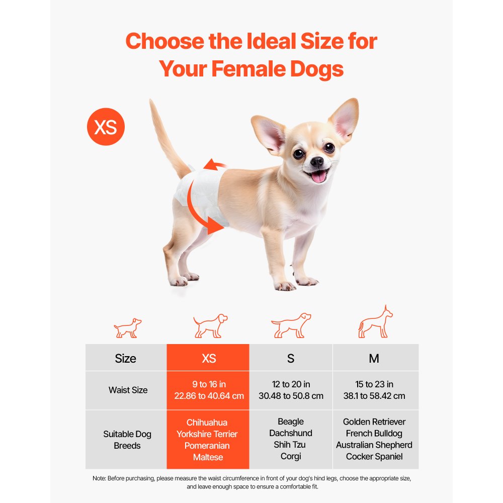 VEVOR Disposable Dog Diapers, Super Absorbent Female Dog Diapers, 360° Leak-Proof Female Doggy Pet Diaper with Wetness Indicator for Heat Period, Training, Incontinence - XS, 144 Count (2 Packs of 72)