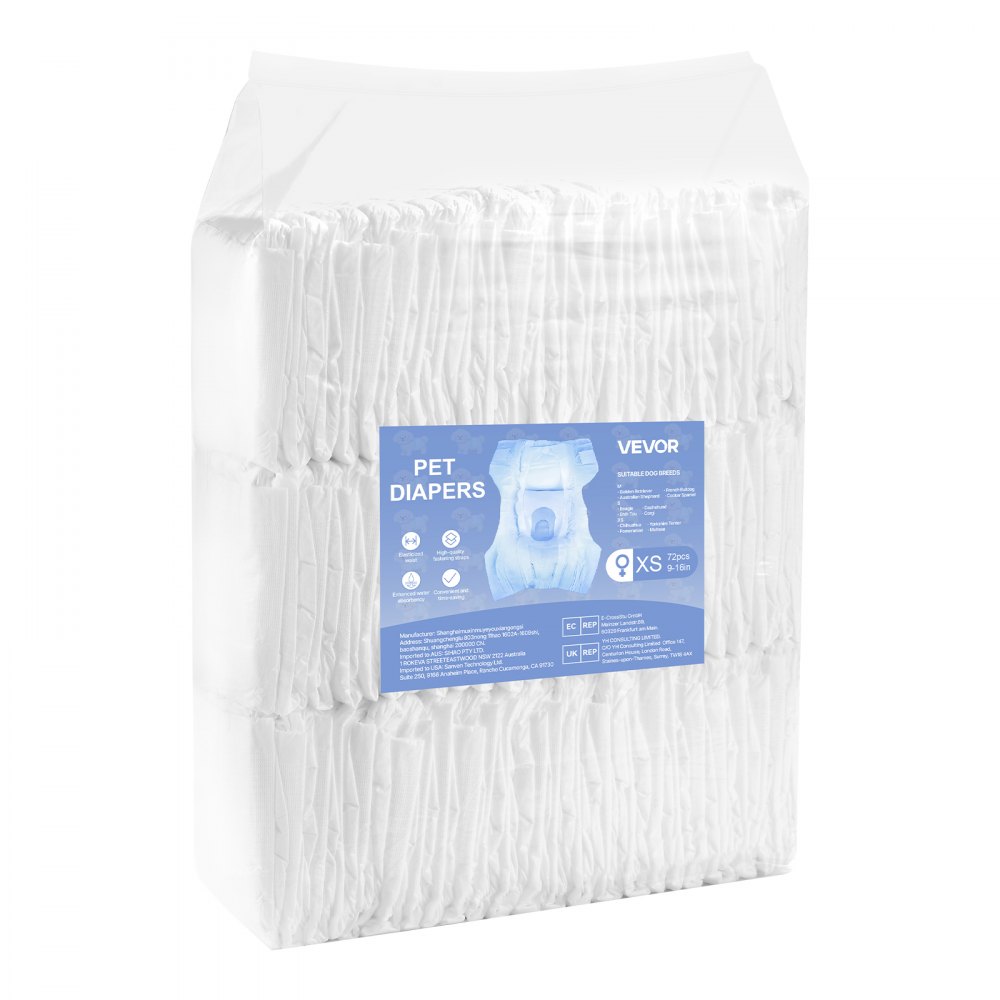 VEVOR Disposable Dog Diapers, Super Absorbent Female Dog Diapers, 360° Leak-Proof Female Doggy Pet Diaper with Wetness Indicator for Heat Period, Training, Incontinence - XS, 144 Count (2 Packs of 72)