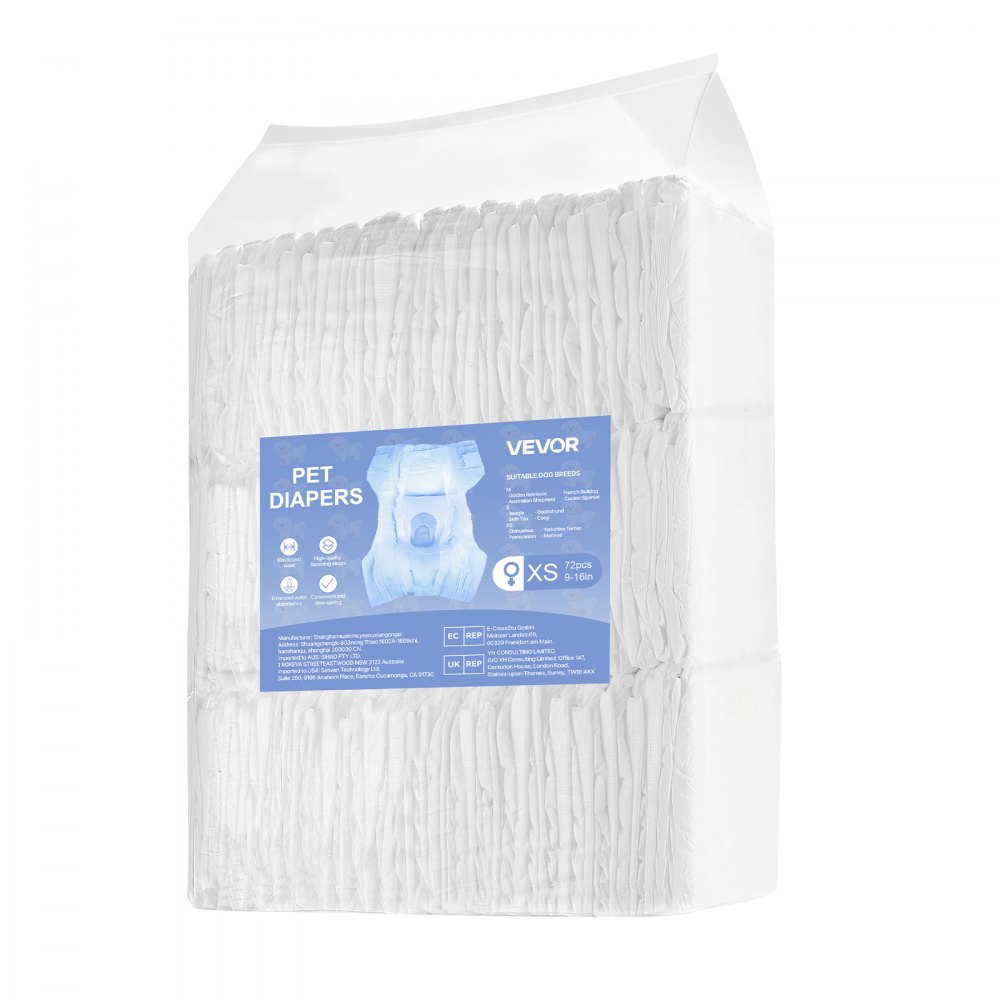 VEVOR Disposable Dog Diapers, Super Absorbent Female Dog Diapers, 360° Leak-Proof Female Doggy Pet Diaper with Wetness Indicator for Heat Period, Training, Incontinence - XS, 144 Count (2 Packs of 72)