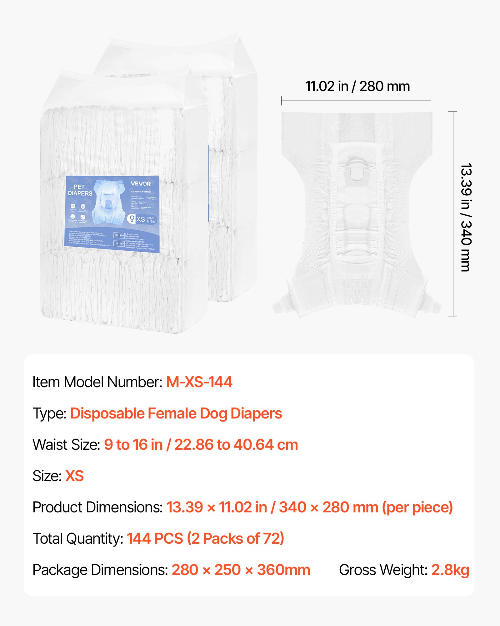 VEVOR Disposable Dog Diapers, Super Absorbent Female Dog Diapers, 360° Leak-Proof Female Doggy Pet Diaper with Wetness Indicator for Heat Period, Training, Incontinence - XS, 144 Count (2 Packs of 72)