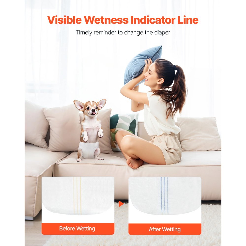 VEVOR Disposable Dog Diapers, Super Absorbent Female Dog Diapers, 360° Leak-Proof Female Doggy Pet Diaper with Wetness Indicator for Heat Period, Training, Incontinence - XS, 96 Count (2 Packs of 48)