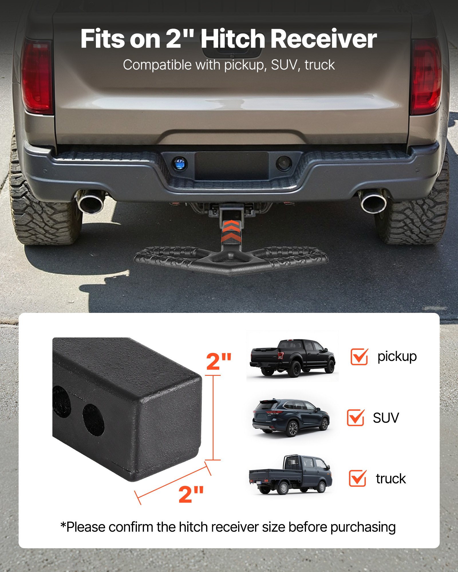 VEVOR Hitch Step for 2 Inch Receiver, Universal Rear Bumper Guard Protector with 350 LBS Load Capacity, Wide & Non-Slip Tow Hitch Step with Pin Kit and Stabilizer, Fit for Truck, SUV, Pickup, Trailer