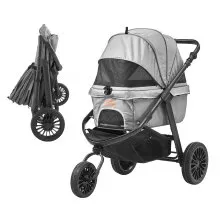 VEVOR Pet Stroller, 3 PU Wheels Dog Stroller Rotate with Brakes, 75 lbs Weight Capacity, Puppy Stroller with Pet Pad, Storage Basket and External Cup Holder, for Small to Medium Sized Dogs, Grey