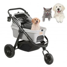 Poussette pour animaux de compagnie VEVOR, poussette pour chien à 3 roues en PU rotative avec freins, capacité de poids de 75 lb, poussette pour chiot avec coussin pour animaux de compagnie, panier de rangement et porte-gobelet externe, pour chiens de petite à moyenne taille, gris