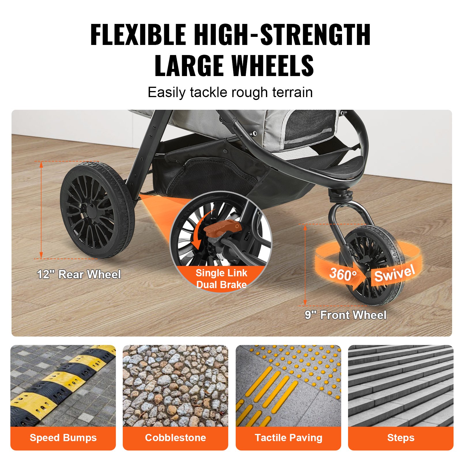 VEVOR pet stroller with flexible high-strength large wheels, single link dual brake, and 360° swivel.