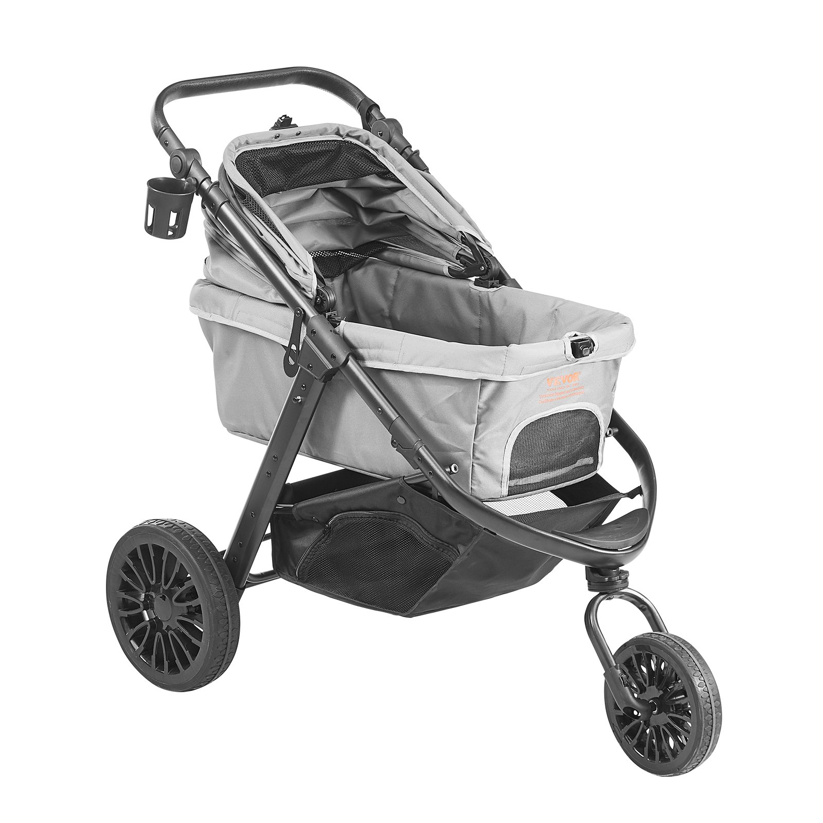 VEVOR pet stroller, gray, three-wheel design, mesh canopy, and undercarriage storage.
