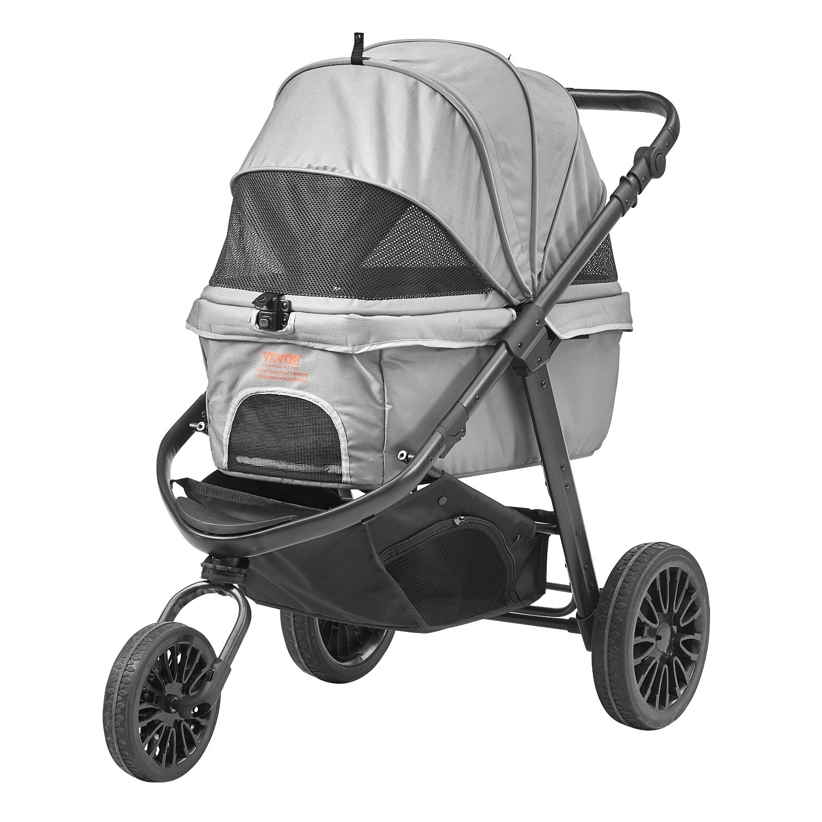 gray VEVOR pet stroller with mesh windows, sturdy frame, and storage basket on three wheels.