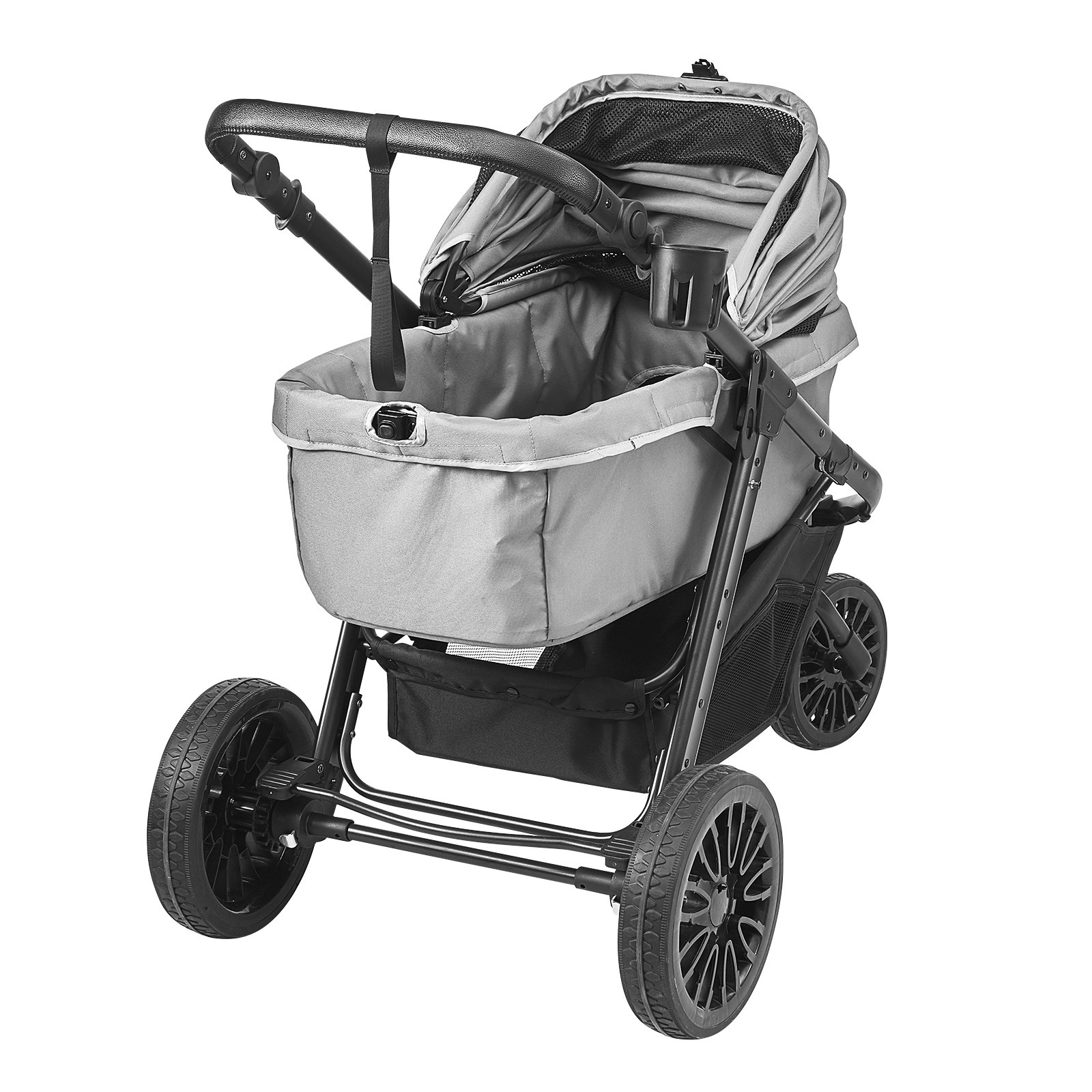 gray VEVOR pet stroller with sturdy wheels and adjustable handlebar, designed for comfortable pet travel.