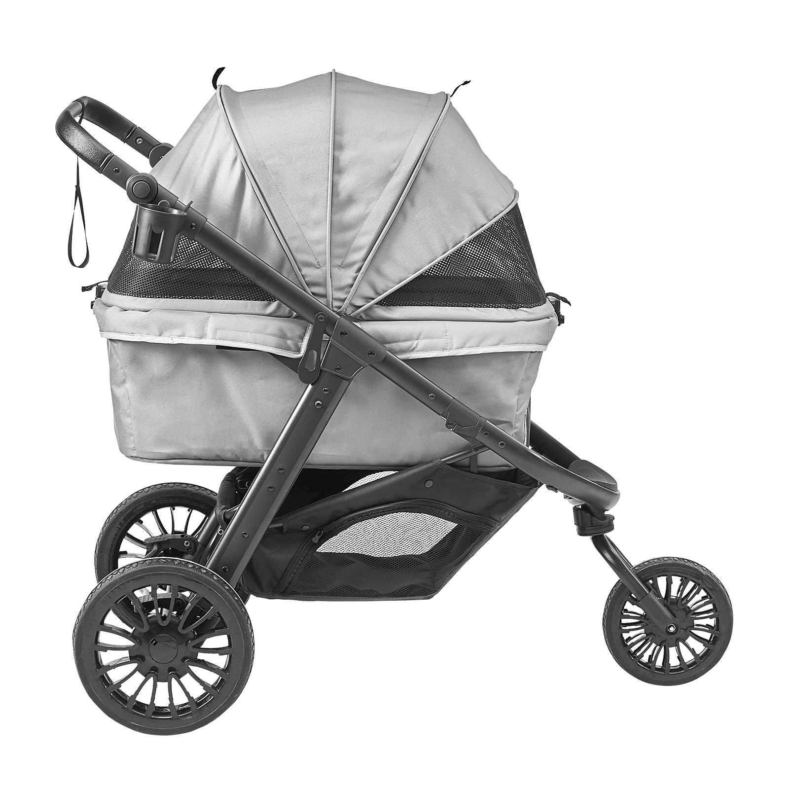 gray VEVOR pet stroller with mesh canopy, large wheels, and storage basket, side view.