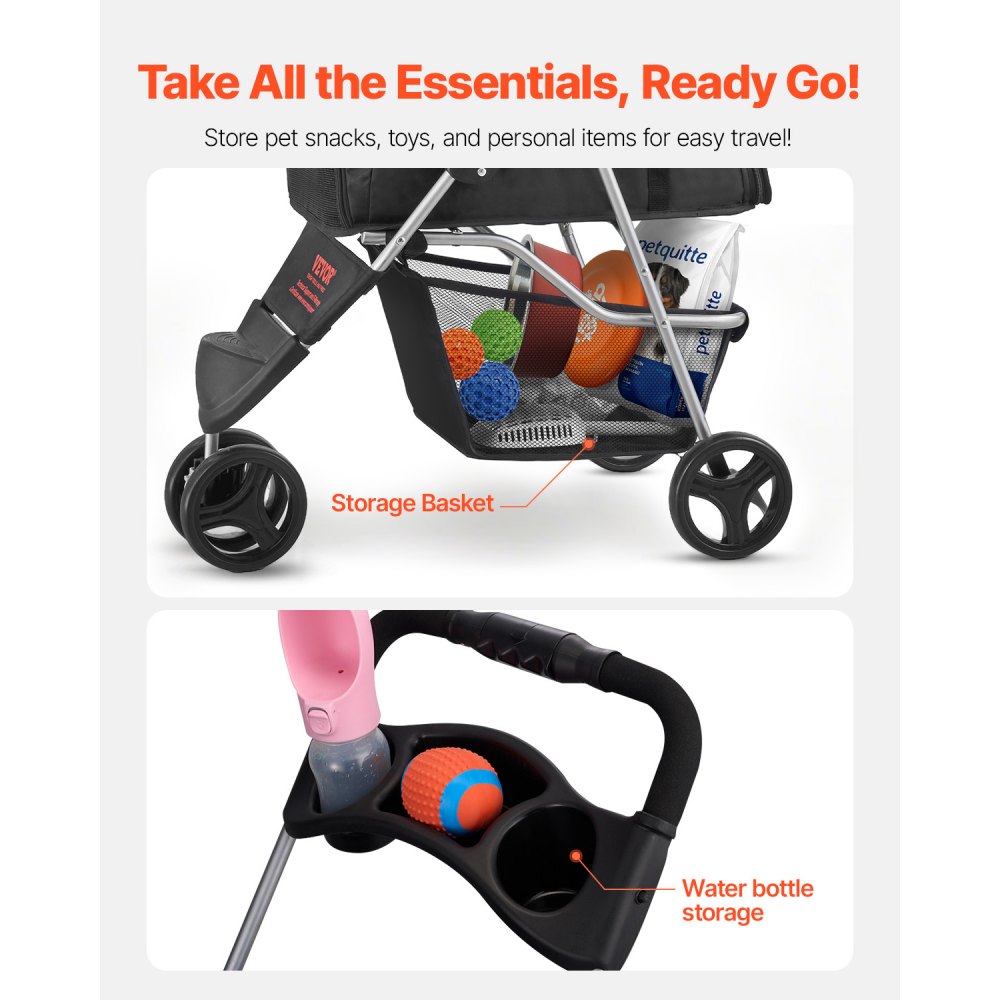 VEVOR Pet Stroller, 35 lbs Weight Capacity, Foldable Dog Stroller Cart, 3 Wheels Cats Stroller with Mesh Windows and Cup Holders, Portable Pet Carrier Stroller with Brake, for Small to Medium Pets