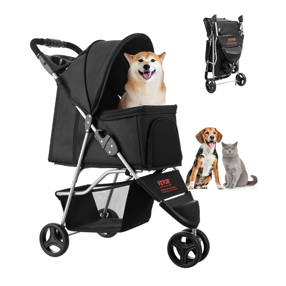 VEVOR Pet Stroller, 35 lbs Weight Capacity, Foldable Dog Stroller Cart, 3 Wheels Cats Stroller with Mesh Windows and Cup Holders, Portable Pet Carrier Stroller with Brake, for Small to Medium Pets