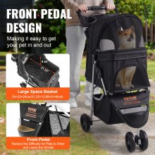 Poussette pour animaux de compagnie VEVOR, poussette pour chien à 3 roues rotatives avec freins, capacité de poids de 35 lb, poussette pour chiot avec pédale avant, velcro, panier de rangement et porte-gobelet, pour chiens et chats, noir