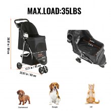 Poussette pour animaux de compagnie VEVOR, poussette pour chien à 3 roues rotatives avec freins, capacité de poids de 35 lb, poussette pour chiot avec pédale avant, velcro, panier de rangement et porte-gobelet, pour chiens et chats, noir