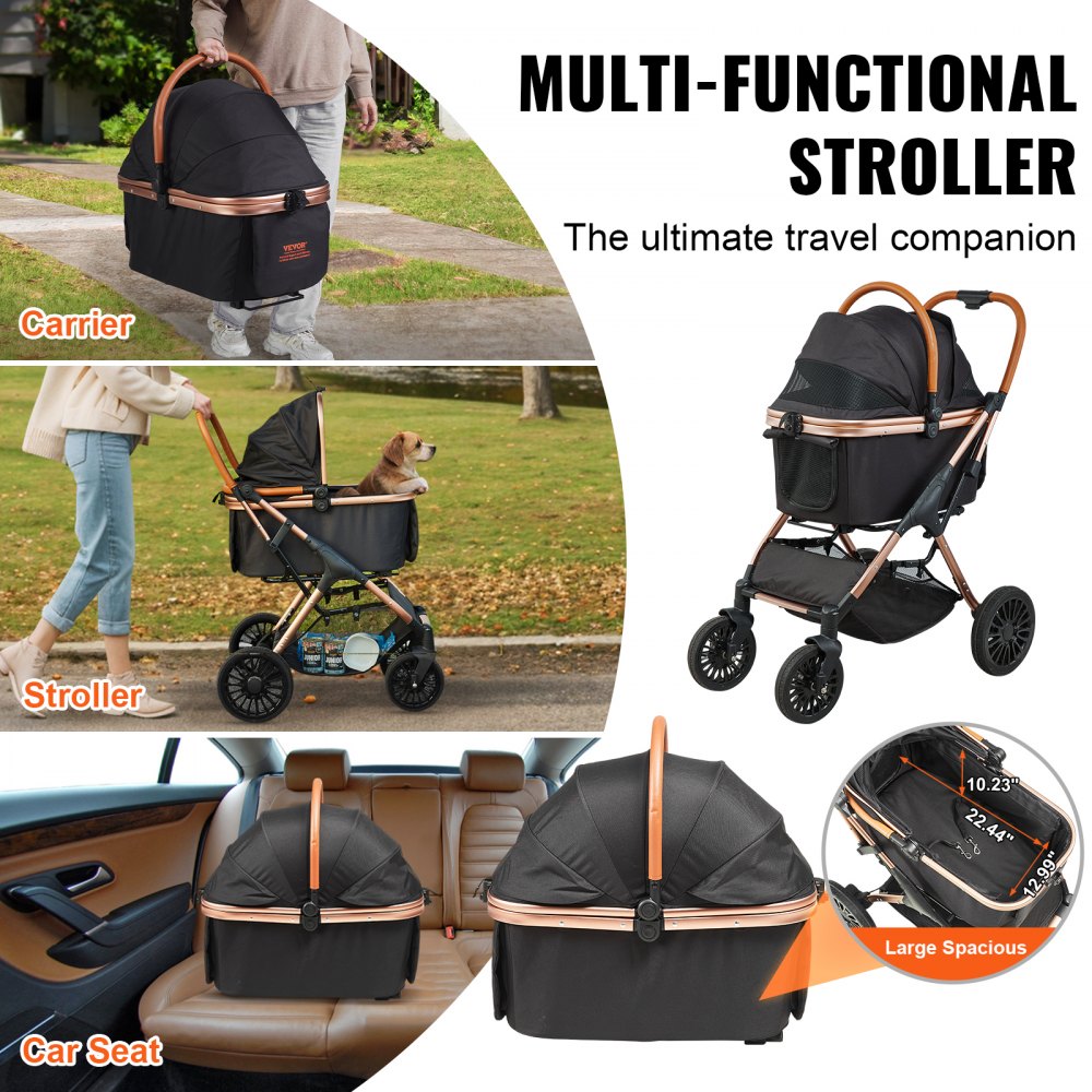 VEVOR Pet Stroller, 4 Wheels Dog Stroller Rotate with Brakes, 29.9 kg Weight Capacity, Puppy Stroller with Detachable Carrier, Storage Basket and Pet Pad, for Small to Medium Sized Dogs, Black