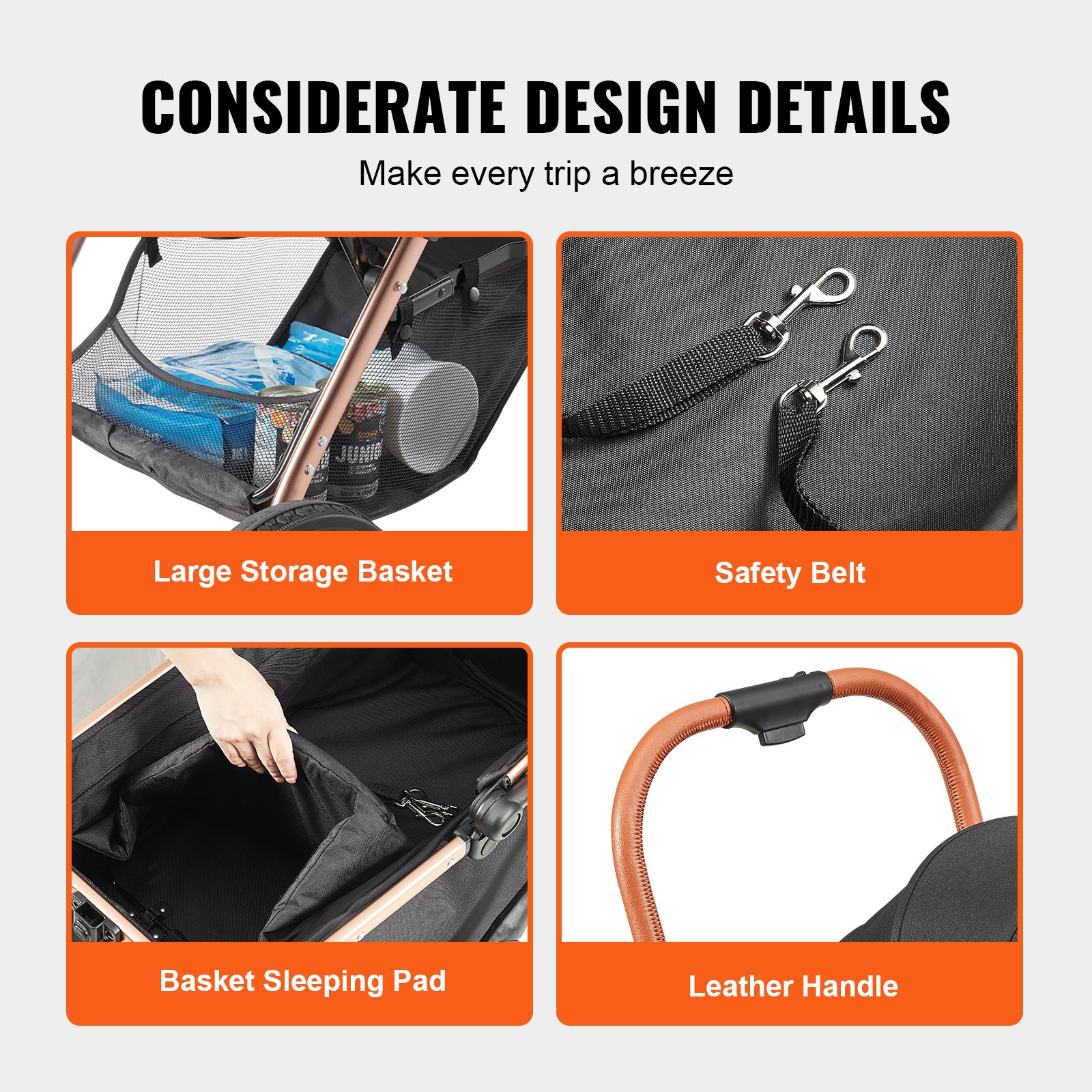 VEVOR Pet Stroller, 4 Wheels Dog Stroller Rotate with Brakes, 29.9 kg Weight Capacity, Puppy Stroller with Detachable Carrier, Storage Basket and Pet Pad, for Small to Medium Sized Dogs, Black