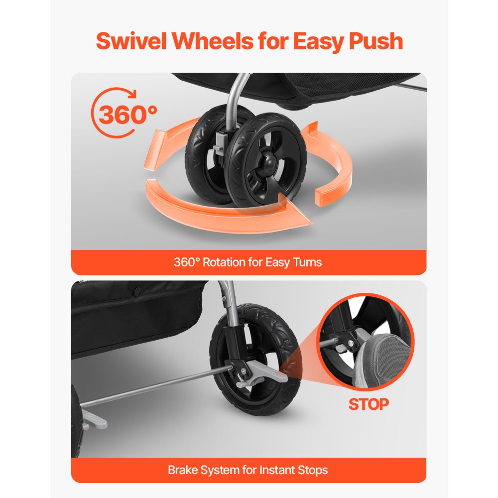 VEVOR Pet Stroller, 16KG Weight Capacity, Foldable Dog Stroller Cart, 4 Wheels Cats Pram with Detachable Carrier & Mesh Windows, Portable Animal Carrier with Brake for Small to Medium Pets