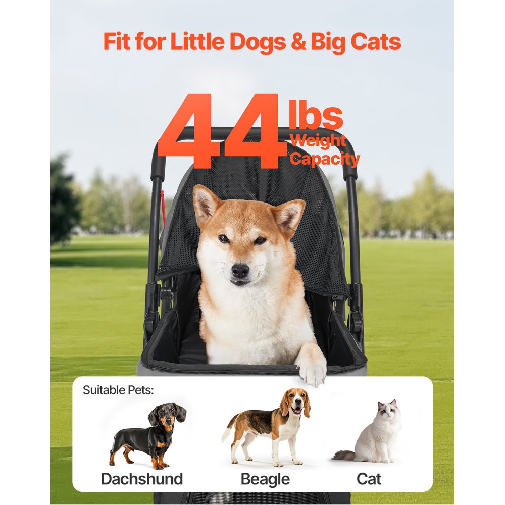 VEVOR Pet Stroller, 20KG Weight Capacity, Foldable Dog Stroller Cart, 4 Wheels Cats Stroller with Mesh Windows & Revrsible Handle, Portable Pet Carrier Stroller with Brake, for Small to Medium Pets
