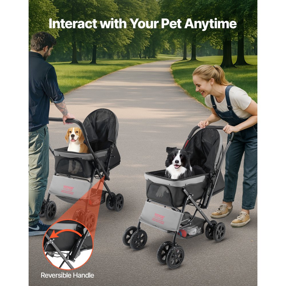VEVOR Pet Stroller, 20KG Weight Capacity, Foldable Dog Stroller Cart, 4 Wheels Cats Stroller with Mesh Windows & Revrsible Handle, Portable Pet Carrier Stroller with Brake, for Small to Medium Pets