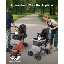 Pet Stroller Foldable 4 Wheels Travel Dog Stroller Reversible Handle up to 44lbs
