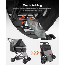 Pet Stroller Foldable 4 Wheels Travel Dog Stroller Reversible Handle up to 44lbs