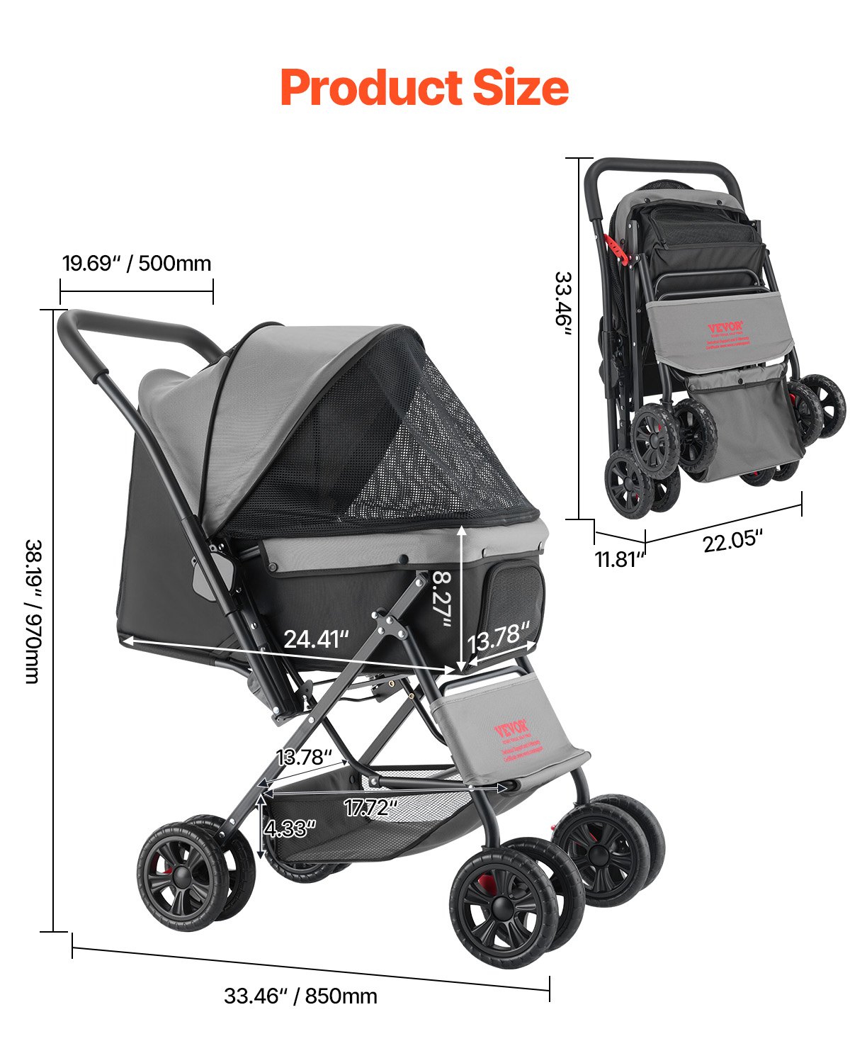 VEVOR Pet Stroller, 20KG Weight Capacity, Foldable Dog Stroller Cart, 4 Wheels Cats Stroller with Mesh Windows & Revrsible Handle, Portable Pet Carrier Stroller with Brake, for Small to Medium Pets