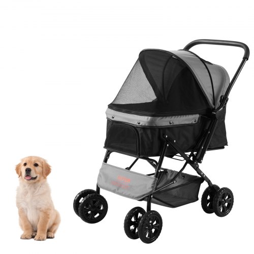 VEVOR Pet Stroller, 4 Wheels Dog Stroller Rotate with Brakes, 44lbs Weight Capacity, Puppy Stroller with Reversible Handlebar, Storage Basket and Zipper, for Dogs and Cats Travel, Black+Grey