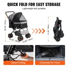 VEVOR Pet Stroller, 4 Wheels Dog Stroller Rotate with Brakes, 44lbs Weight Capacity, Puppy Stroller with Reversible Handlebar, Storage Basket and Zipper, for Dogs and Cats Travel, Black+Grey