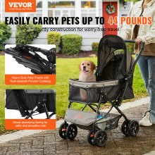 Poussette pour animaux de compagnie VEVOR, poussette pour chien à 4 roues rotatives avec freins, capacité de poids de 44 lb, poussette pour chiot avec guidon réversible, panier de rangement et fermeture éclair, pour chiens et chats, noir + gris