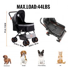 VEVOR Pet Stroller, 4 Wheels Dog Stroller Rotate with Brakes, 44lbs Weight Capacity, Puppy Stroller with Reversible Handlebar, Storage Basket and Zipper, for Dogs and Cats Travel, Black+Grey