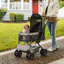 Poussette pour animaux de compagnie VEVOR, poussette pour chien à 4 roues rotatives avec freins, capacité de poids de 44 lb, poussette pour chiot avec guidon réversible, panier de rangement et fermeture éclair, pour chiens et chats, noir + gris