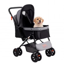 Poussette pour animaux de compagnie VEVOR, poussette pour chien à 4 roues rotatives avec freins, capacité de poids de 44 lb, poussette pour chiot avec guidon réversible, panier de rangement et fermeture éclair, pour chiens et chats, noir + gris