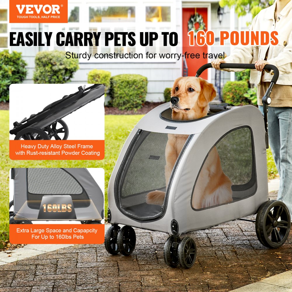 VEVOR Pet Stroller 4 Wheels Dog Stroller Rotate with Brakes 160lbs Weight Capacity Puppy Stroller with Breathable Mesh Windows and Height-Adjustable