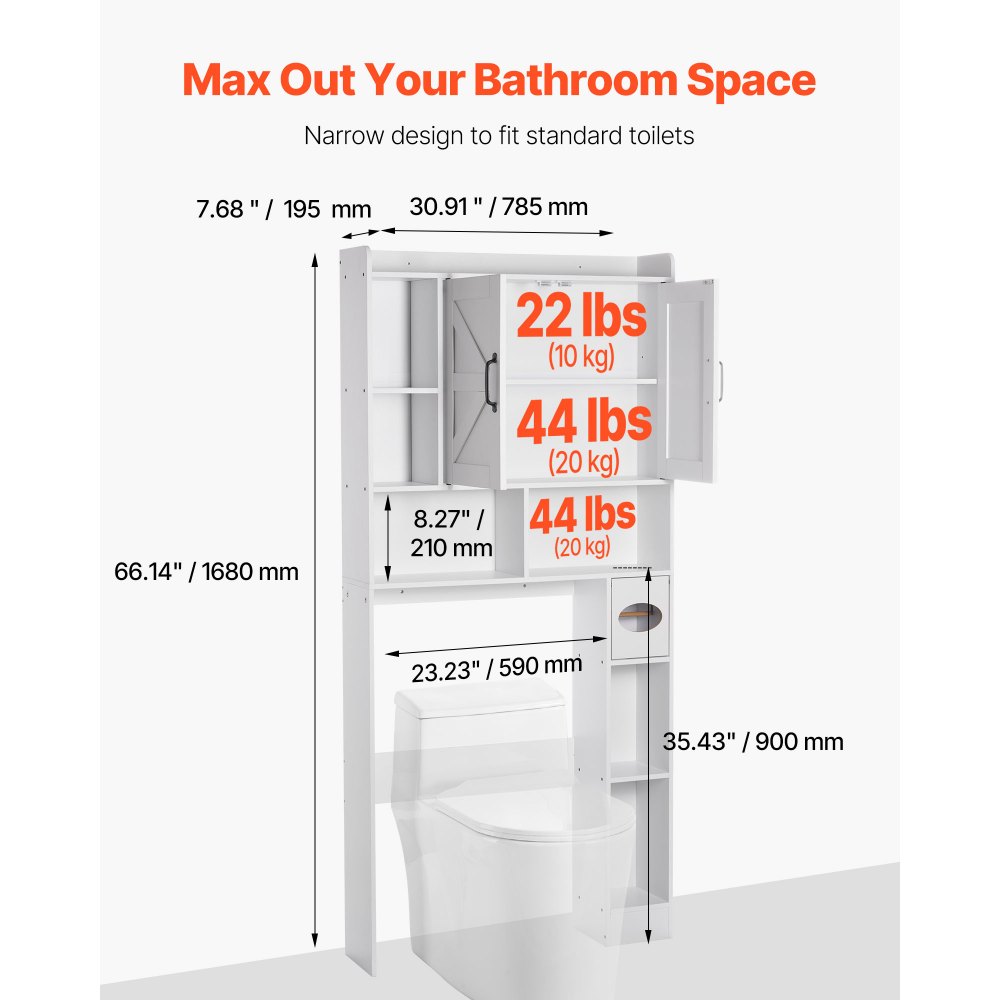 VEVOR Over The Toilet Storage Cabinet, 66.14 in Height Bathroom Storage Organizer with Double Door and Adjustable Shelf, Bathroom Space Saver Organizer Above Toilet with Open Shelf, White