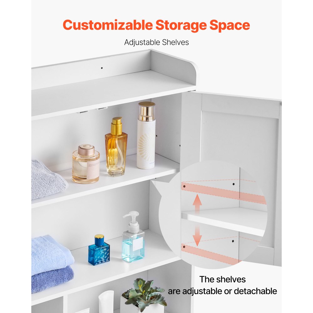 VEVOR Over The Toilet Storage Cabinet, 66.14 in Height Bathroom Storage Organizer with Double Door and Adjustable Shelf, Bathroom Space Saver Organizer Above Toilet with Open Shelf, White