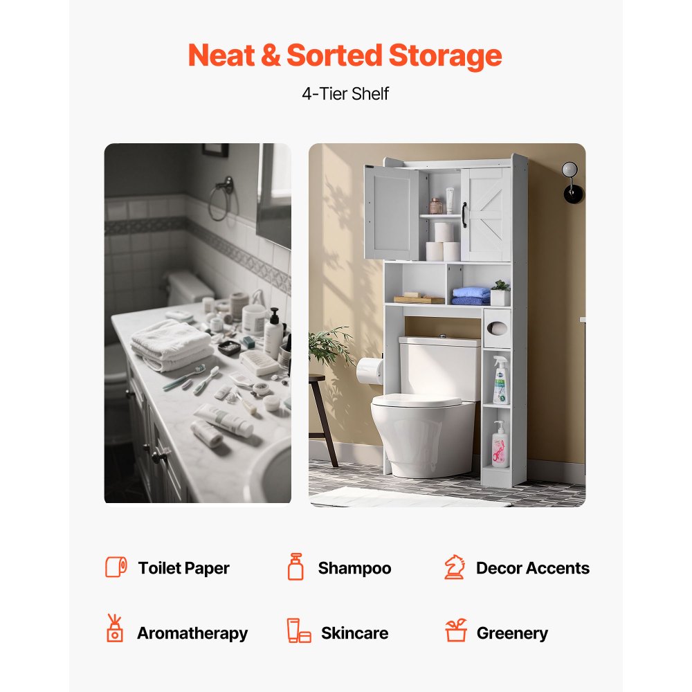 VEVOR Over The Toilet Storage Cabinet, 66.14 in Height Bathroom Storage Organizer with Double Door and Adjustable Shelf, Bathroom Space Saver Organizer Above Toilet with Open Shelf, White