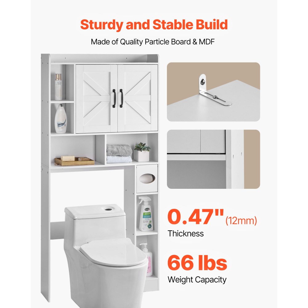 VEVOR Over The Toilet Storage Cabinet, 66.14 in Height Bathroom Storage Organizer with Double Door and Adjustable Shelf, Bathroom Space Saver Organizer Above Toilet with Open Shelf, White