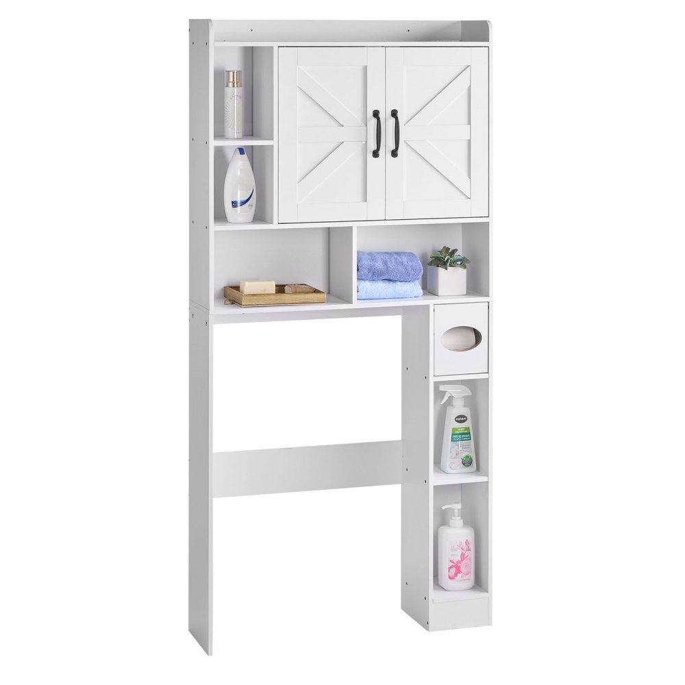VEVOR Over The Toilet Storage Cabinet, 66.14 in Height Bathroom Storage Organizer with Double Door and Adjustable Shelf, Bathroom Space Saver Organizer Above Toilet with Open Shelf, White