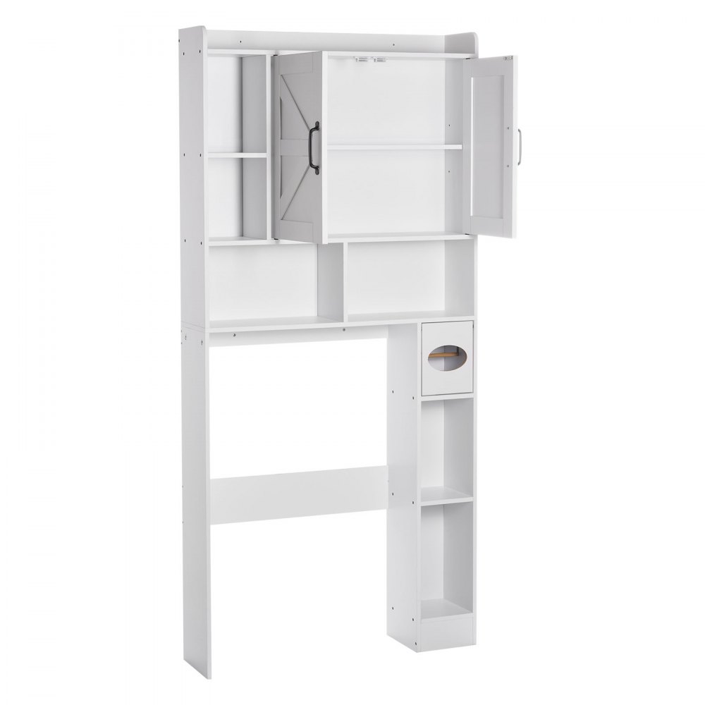 VEVOR Over The Toilet Storage Cabinet, 66.14 in Height Bathroom Storage Organizer with Double Door and Adjustable Shelf, Bathroom Space Saver Organizer Above Toilet with Open Shelf, White