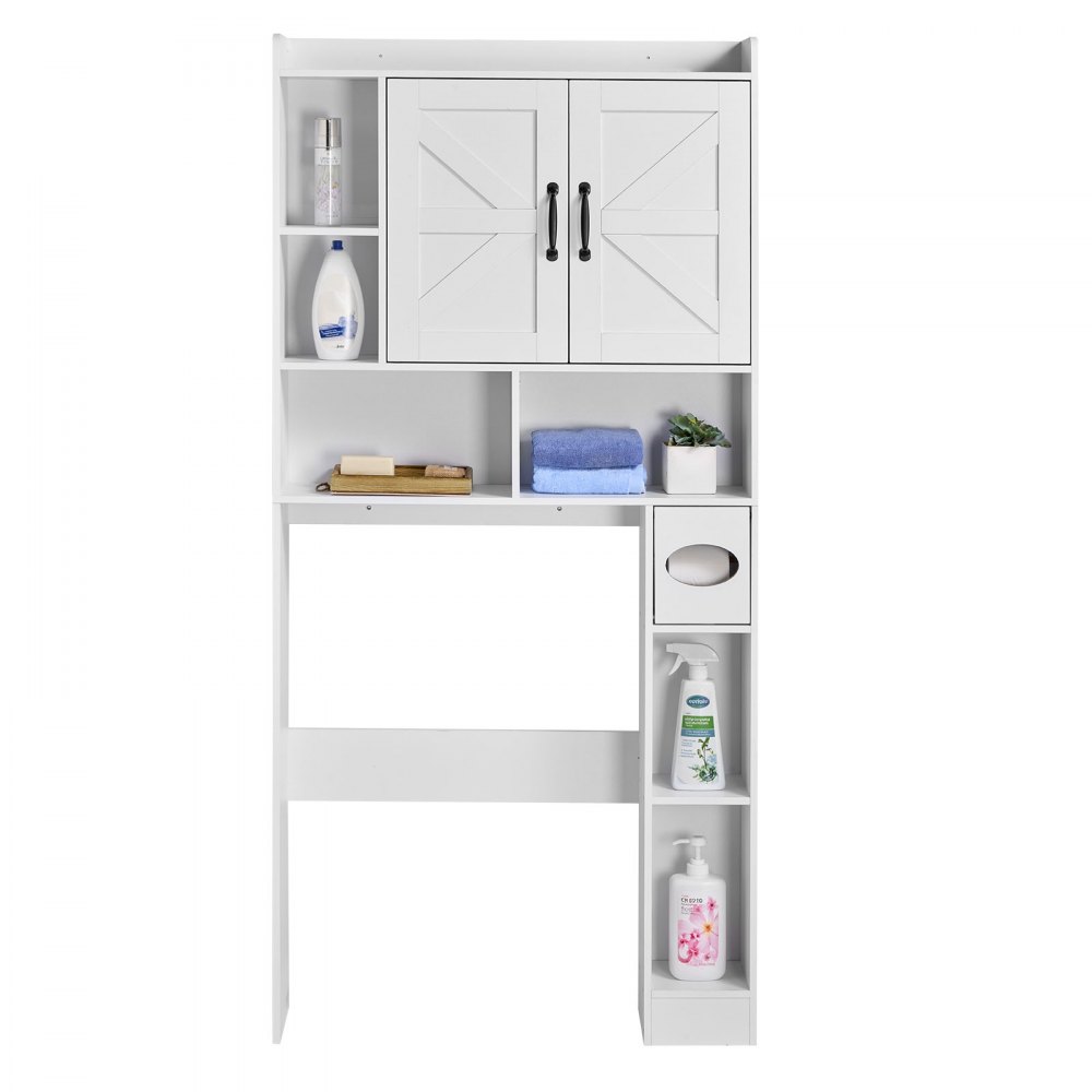 VEVOR Over The Toilet Storage Cabinet, 66.14 in Height Bathroom Storage Organizer with Double Door and Adjustable Shelf, Bathroom Space Saver Organizer Above Toilet with Open Shelf, White