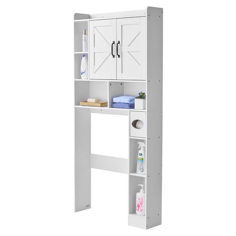 VEVOR Over The Toilet Storage Cabinet, 66.14 in Height Bathroom Storage Organizer with Double Door and Adjustable Shelf, Bathroom Space Saver Organizer Above Toilet with Open Shelf, White