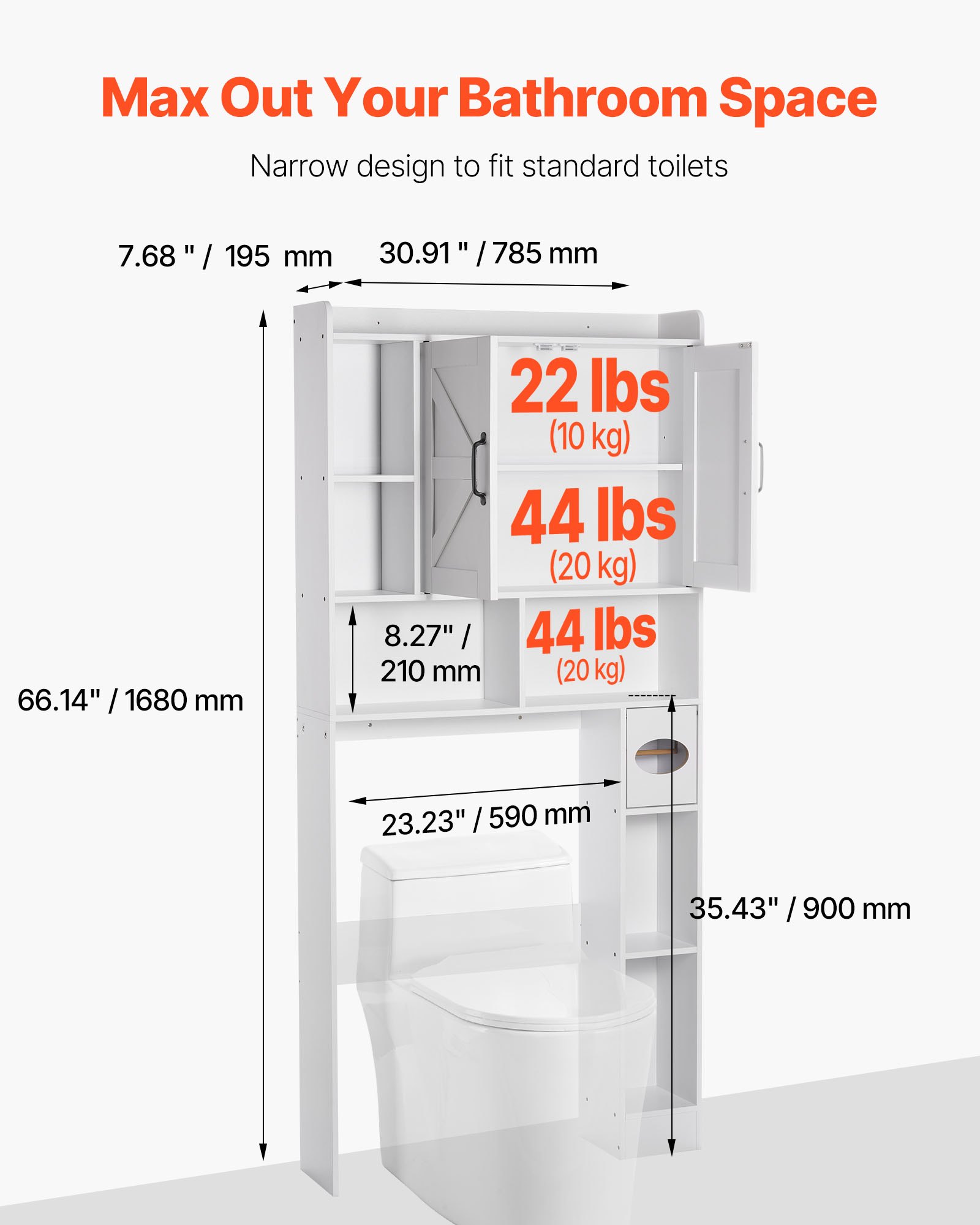 VEVOR Over The Toilet Storage Cabinet, 66.14 in Height Bathroom Storage Organizer with Double Door and Adjustable Shelf, Bathroom Space Saver Organizer Above Toilet with Open Shelf, White