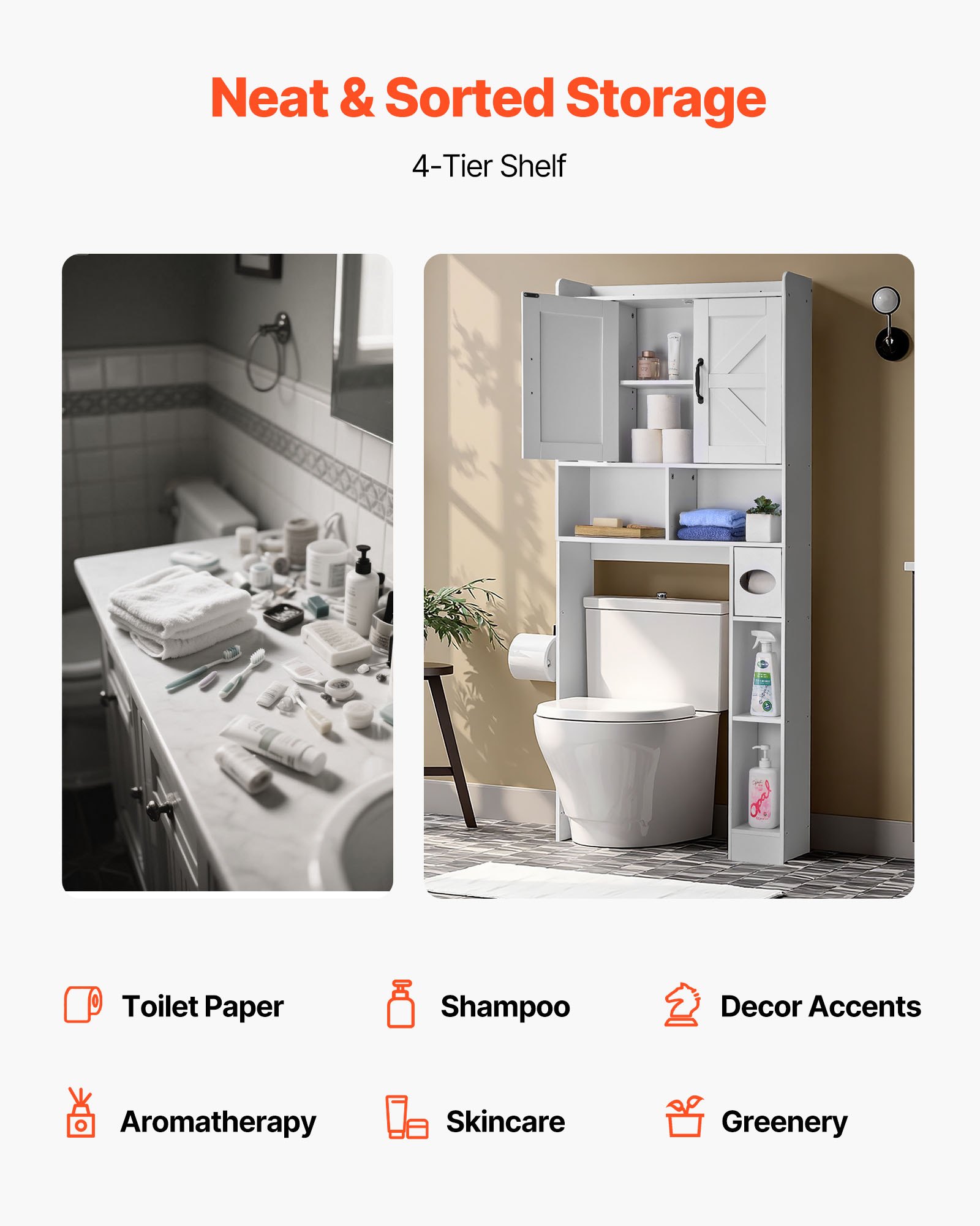 VEVOR Over The Toilet Storage Cabinet, 66.14 in Height Bathroom Storage Organizer with Double Door and Adjustable Shelf, Bathroom Space Saver Organizer Above Toilet with Open Shelf, White