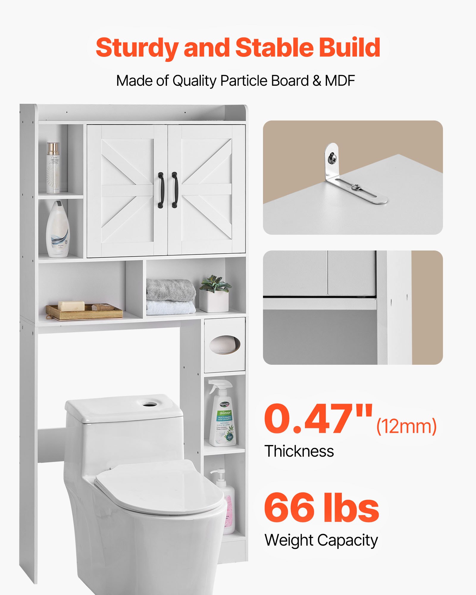 VEVOR Over The Toilet Storage Cabinet, 66.14 in Height Bathroom Storage Organizer with Double Door and Adjustable Shelf, Bathroom Space Saver Organizer Above Toilet with Open Shelf, White
