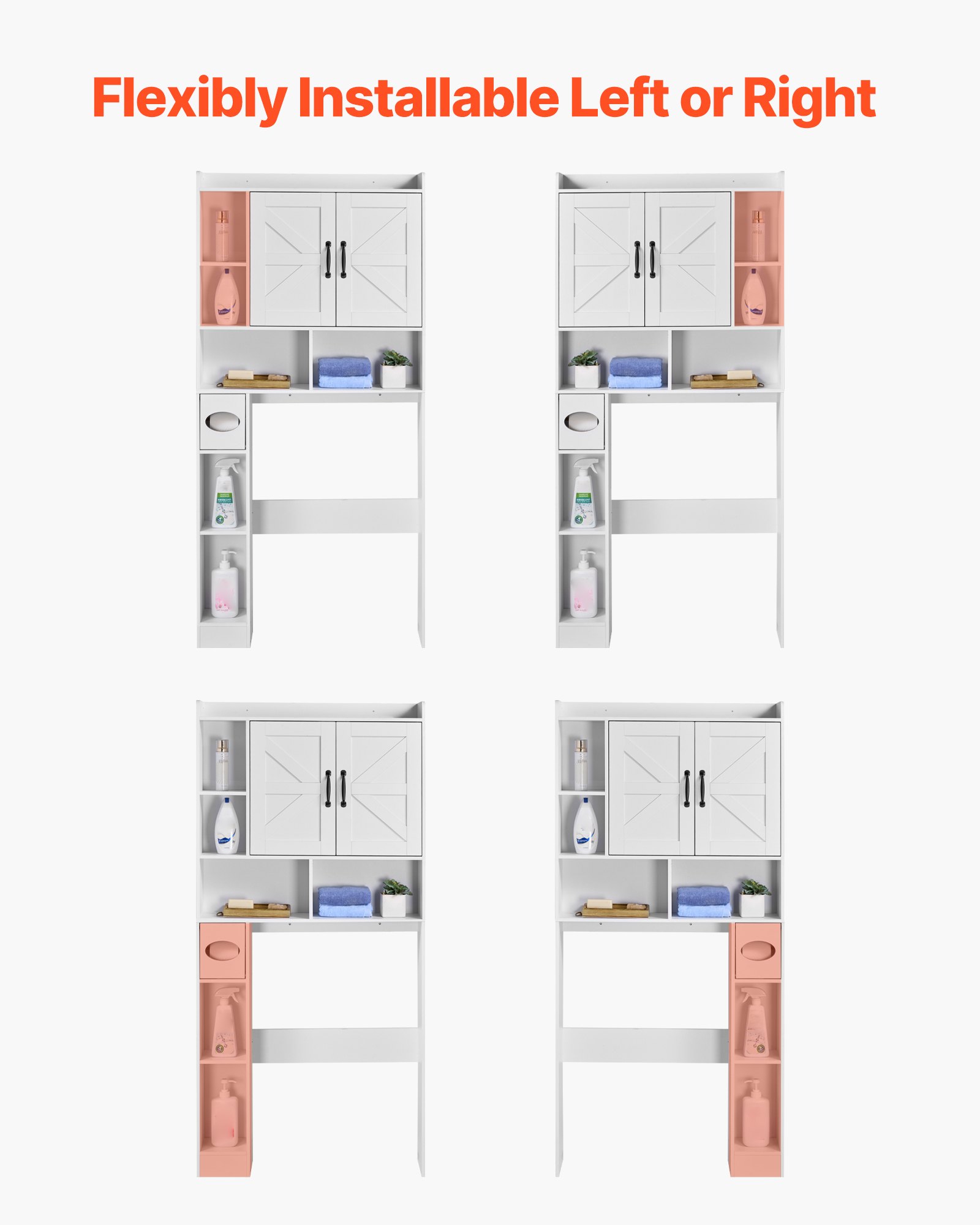 VEVOR Over The Toilet Storage Cabinet, 66.14 in Height Bathroom Storage Organizer with Double Door and Adjustable Shelf, Bathroom Space Saver Organizer Above Toilet with Open Shelf, White