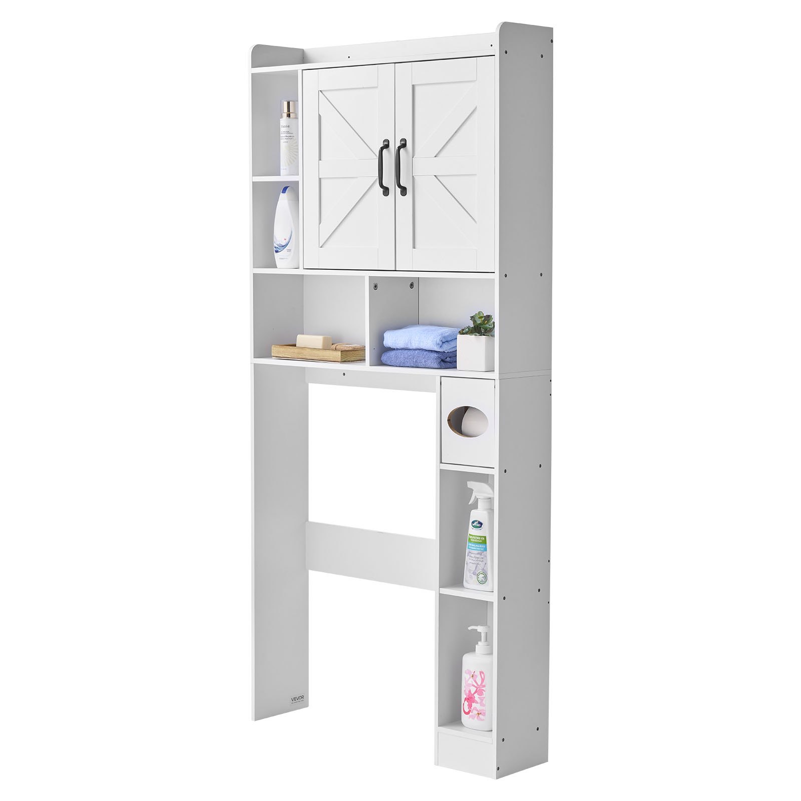 VEVOR Over The Toilet Storage Cabinet, 66.14 in Height Bathroom Storage Organizer with Double Door and Adjustable Shelf, Bathroom Space Saver Organizer Above Toilet with Open Shelf, White