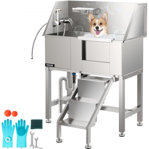 VEVOR 34" Dog Grooming Tub, Right Pet Wash Station, Professional Stainless Steel Pet Grooming Tub Rated 220LBS Load Capacity, Non-Skid Dog Washing Station Come with Ramp, Faucet, Sprayer and Drain Kit